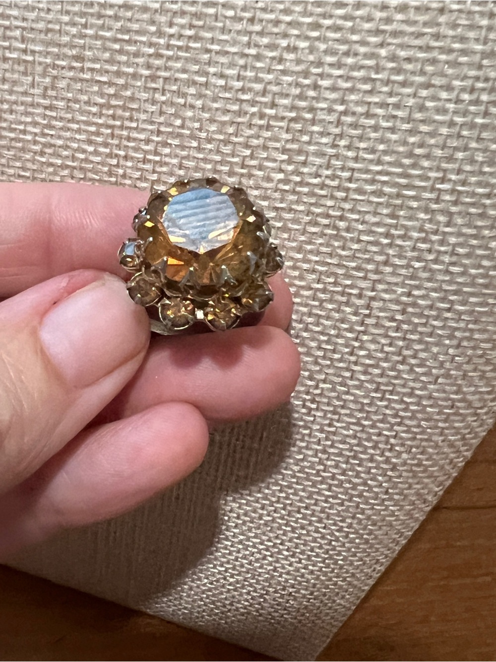 Vintage Gold-Tone Amber Crystal Cocktail Ring - Adjustable